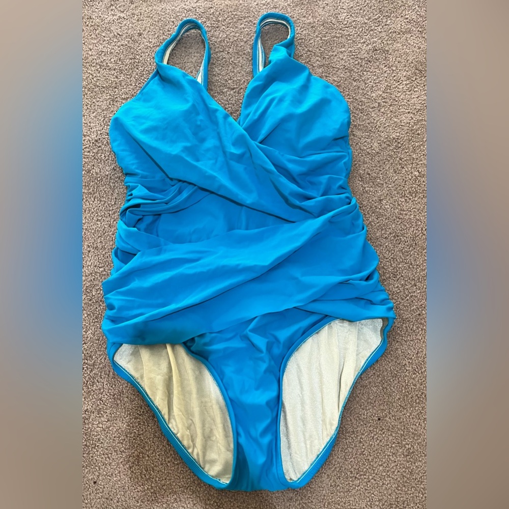 Sleek Turquoise One-Piece Swimsuit with Ruched Wrap Front